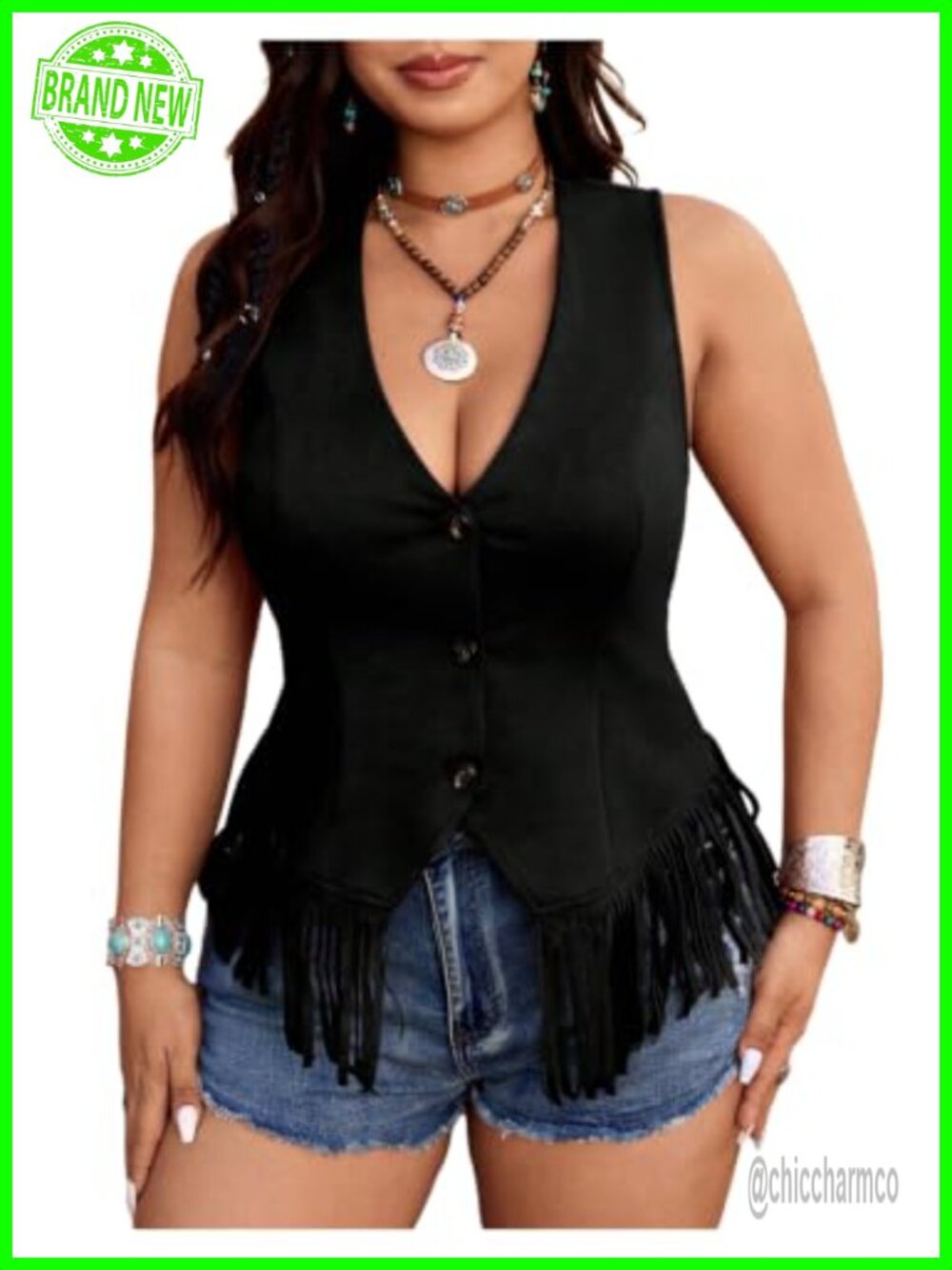 Women's Plus Size Western Fringe Vest Button Up Deep V Neck Sleeveless Top